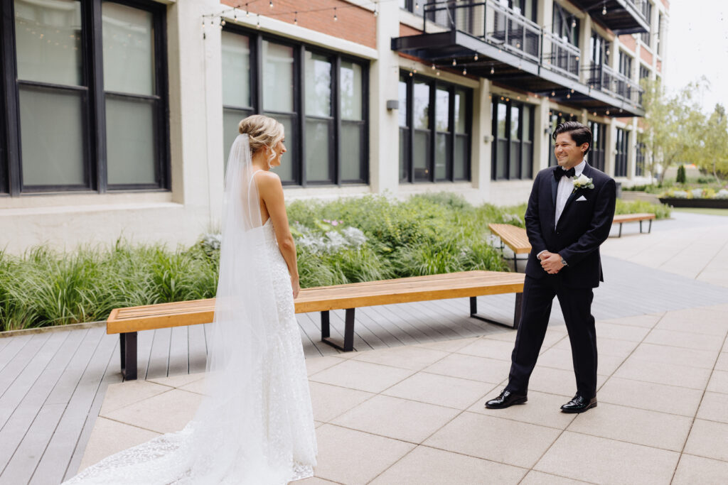 first look ideas with groom, greenhouse loft wedding venue, chicago wedding venues