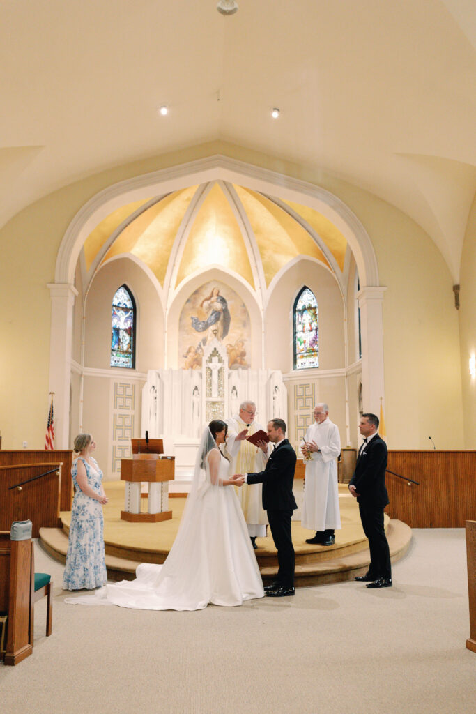 church wedding, catholic wedding photos, bride and groom, indiana beach wedding, summer wedding, michigan city indiana, white oak farm venue