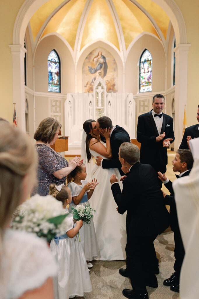 church wedding, catholic wedding photos, bride and groom, indiana beach wedding, summer wedding, michigan city indiana, white oak farm venue