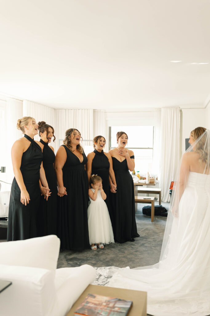 bridesmaids reveal, bridal party, black bridesmaids dresses, chicago bridal party