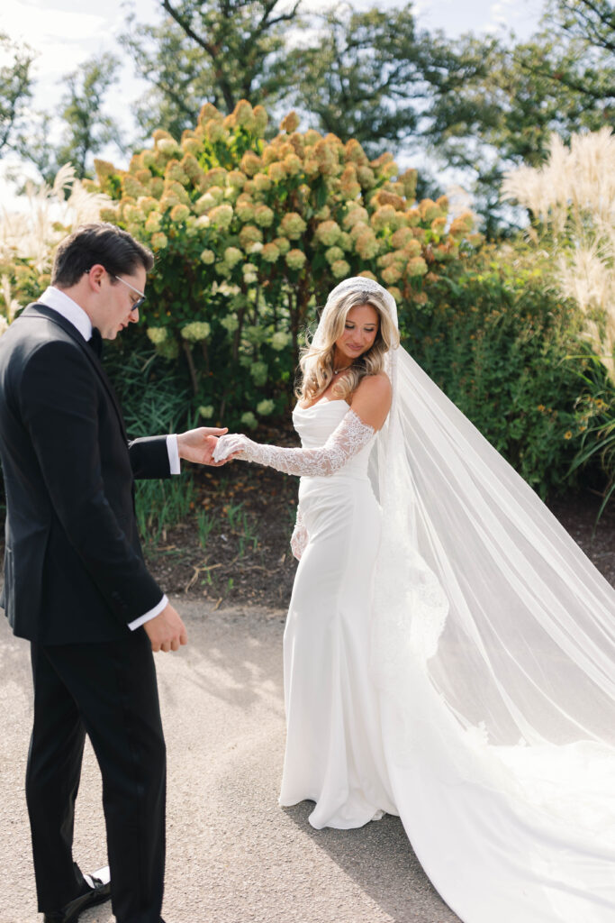 bride and groom first look,chicago wedding day, bridal party, chicago wedding