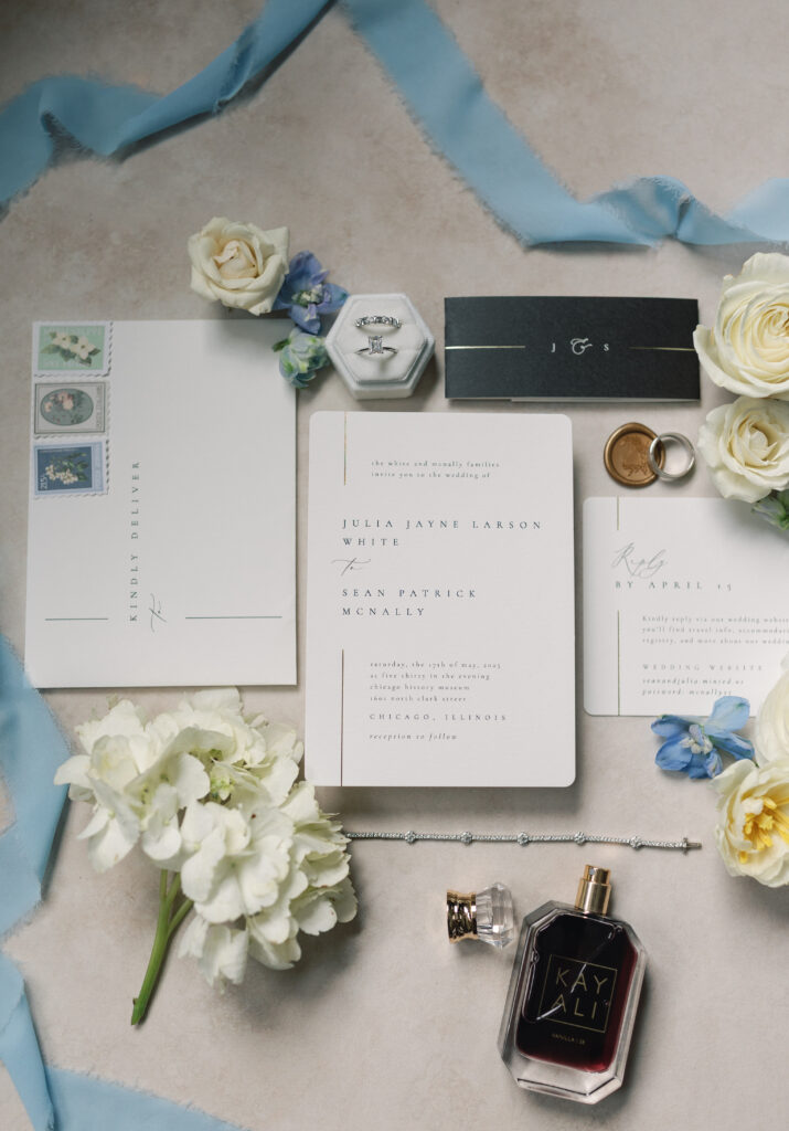 flat lay details, luxury wedding details, chicago styled weddings, chicago history museum wedding