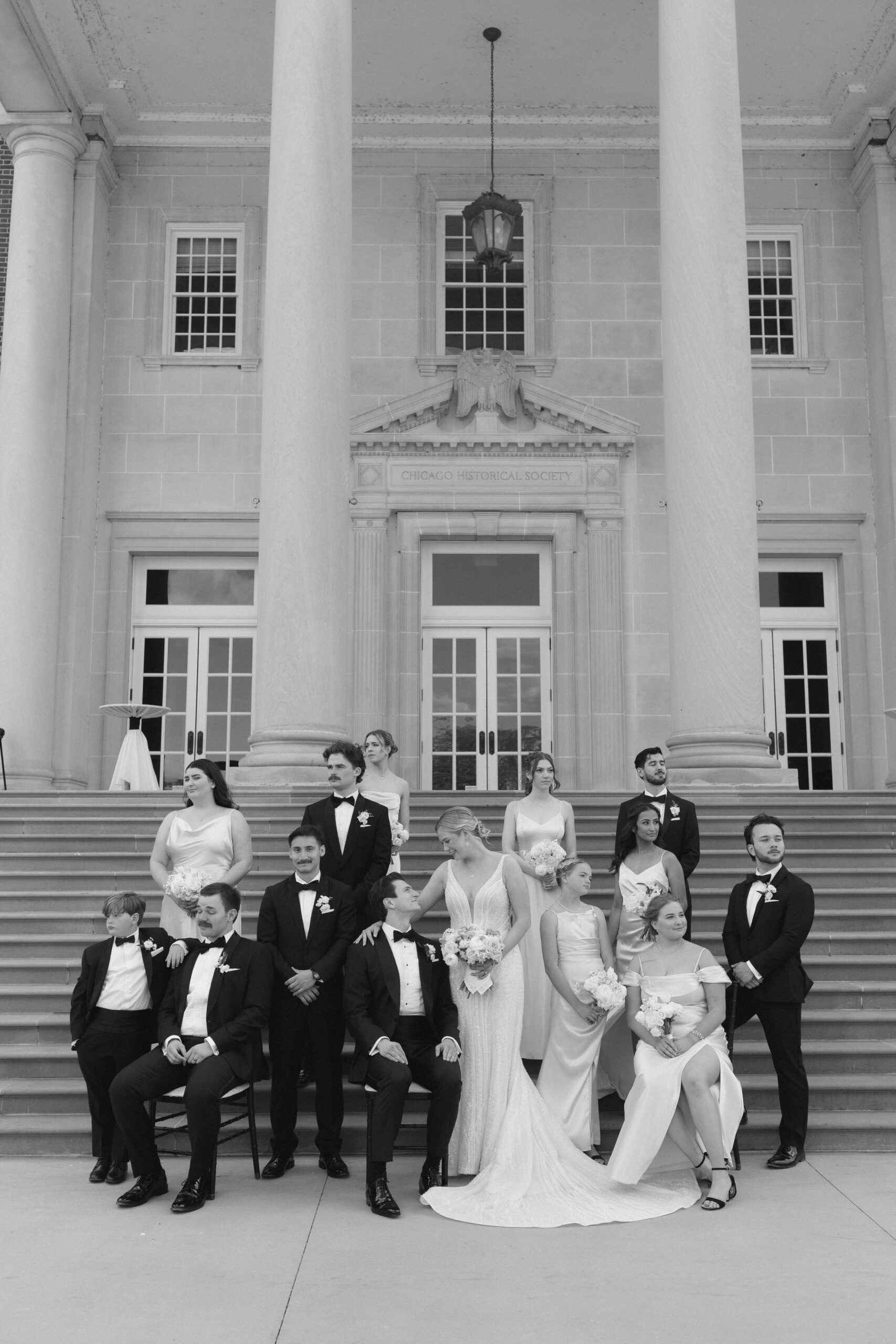 classy bridal party photos, sitting bride party poses