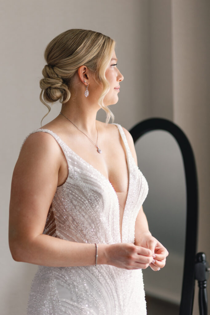 bride getting ready photos, beaded bridal dress, chicago bride