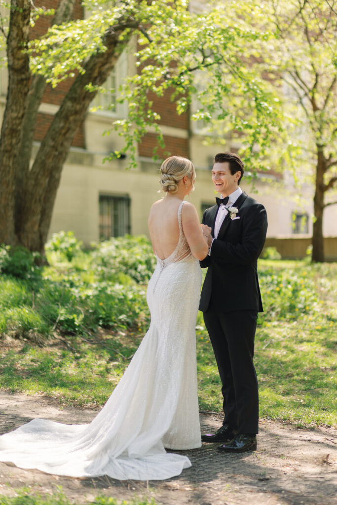 first look portraits, fun first look, classy first look, spring wedding photos, chicago spring wedding