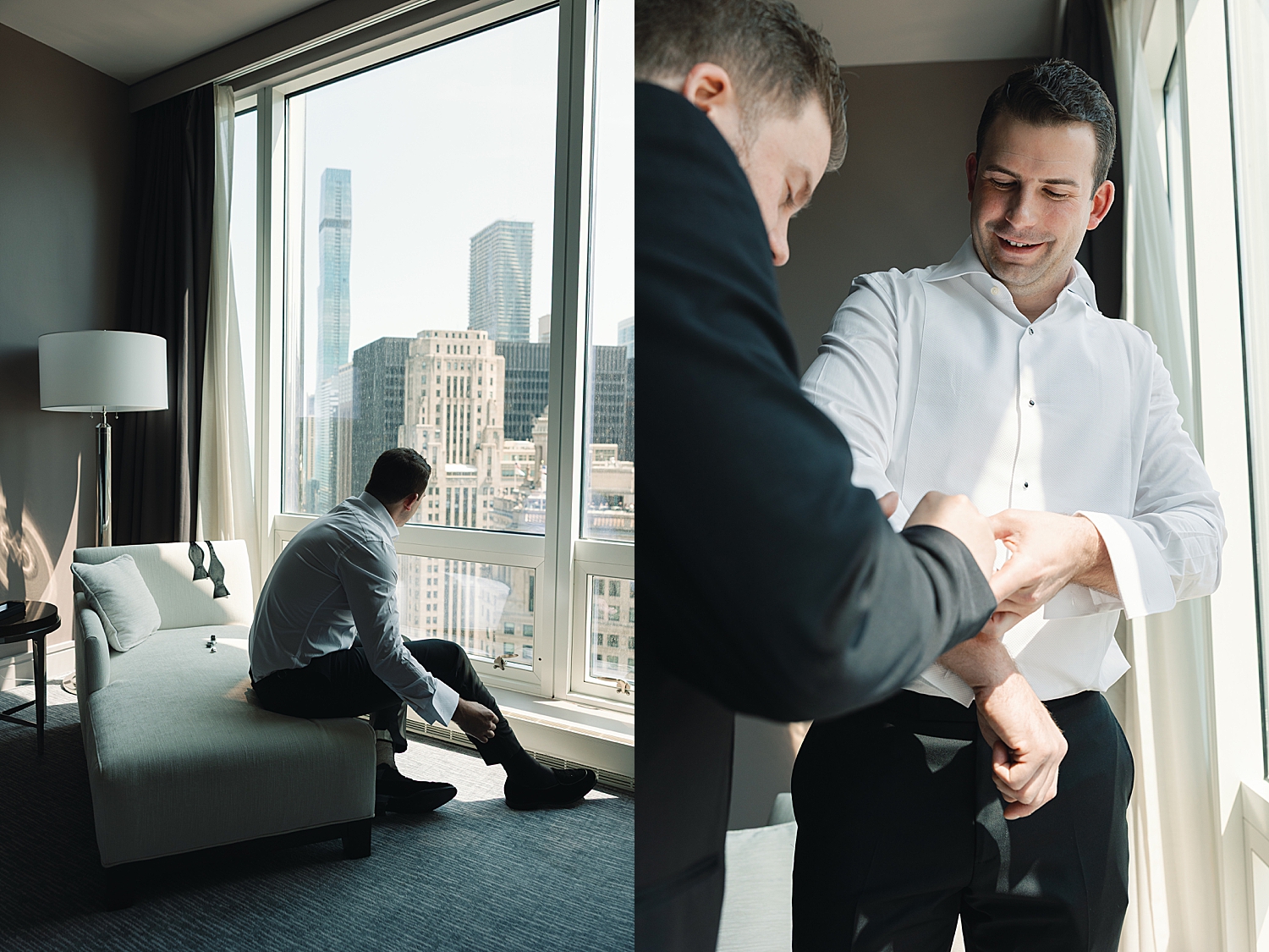 groom adjusts his socks by window by Rachel Andrade Photography