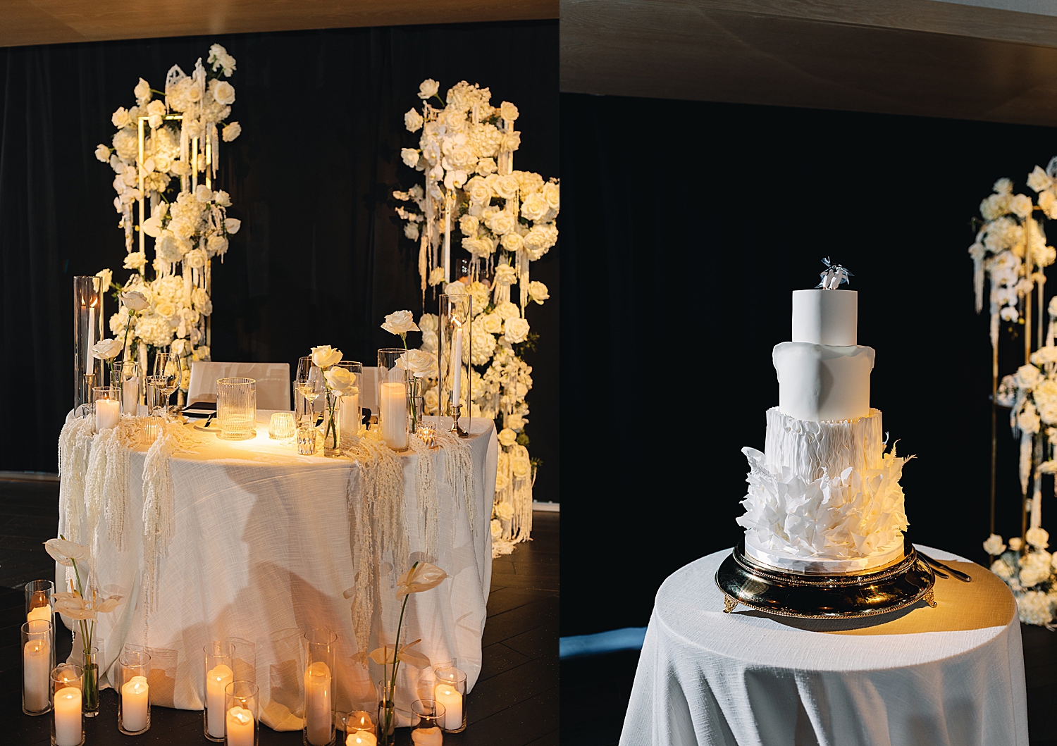 large white three tiered cake on stand at RPM Events
