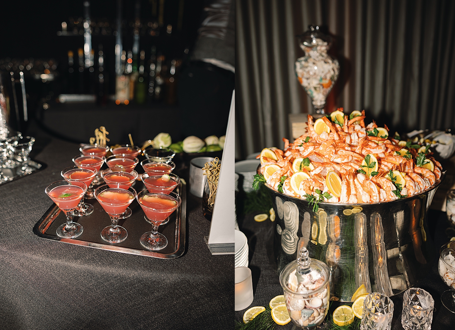 cocktails and shrimp on reception table by Chicago luxury wedding photographer