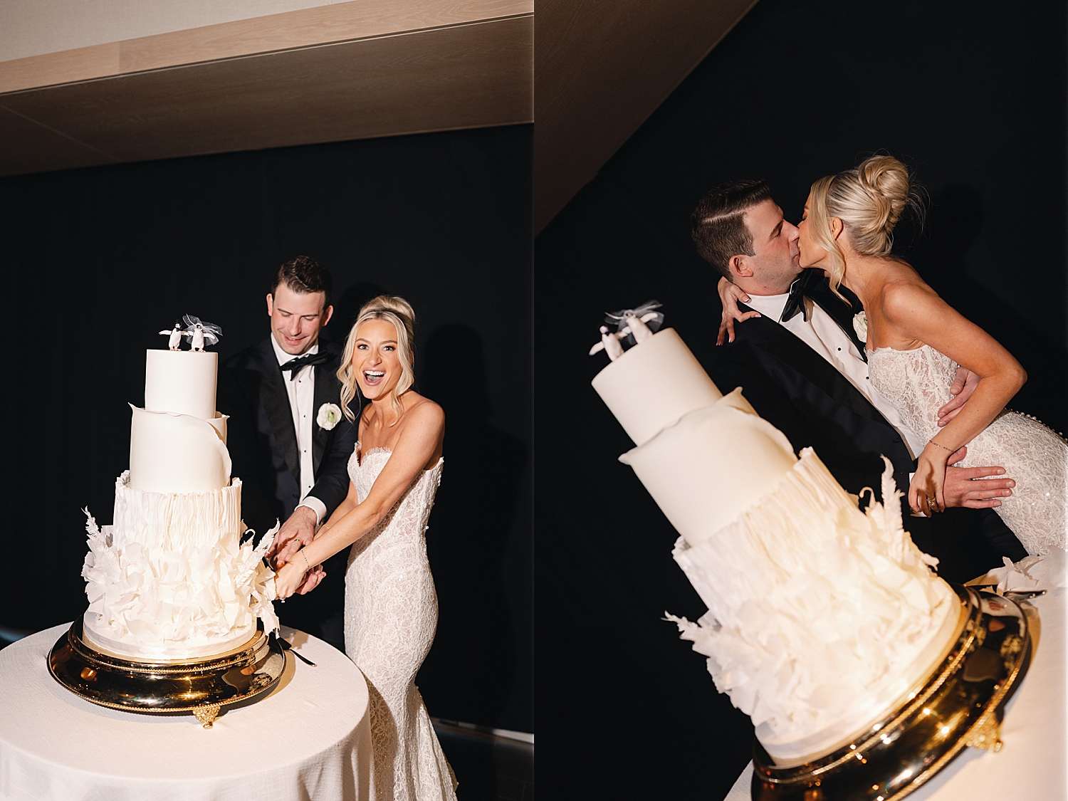 newlyweds cut a four tier white wedding cake by Rachel Andrade Photography