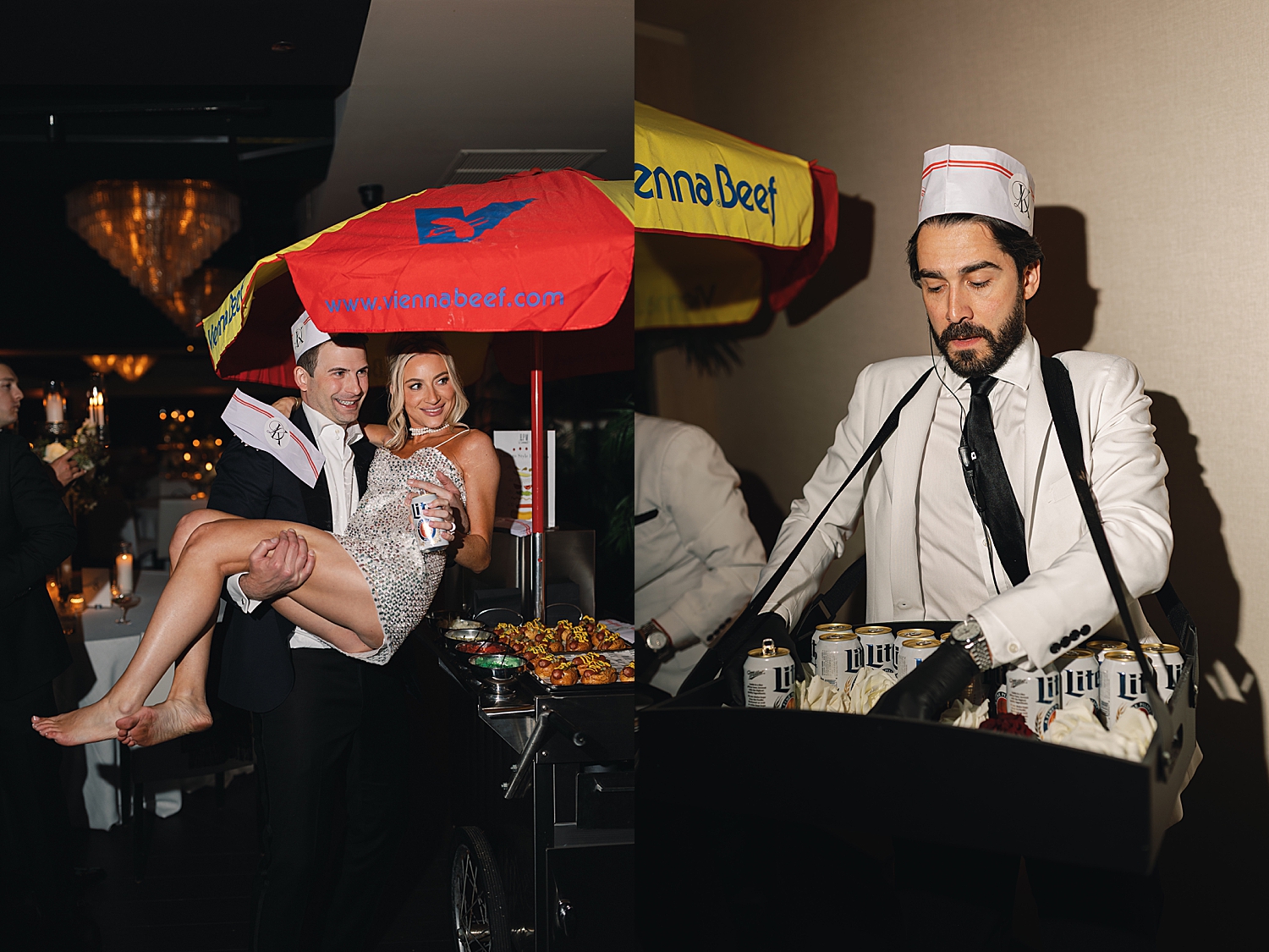groom picks up new wife next to hot dog stand at reception at RPM Events