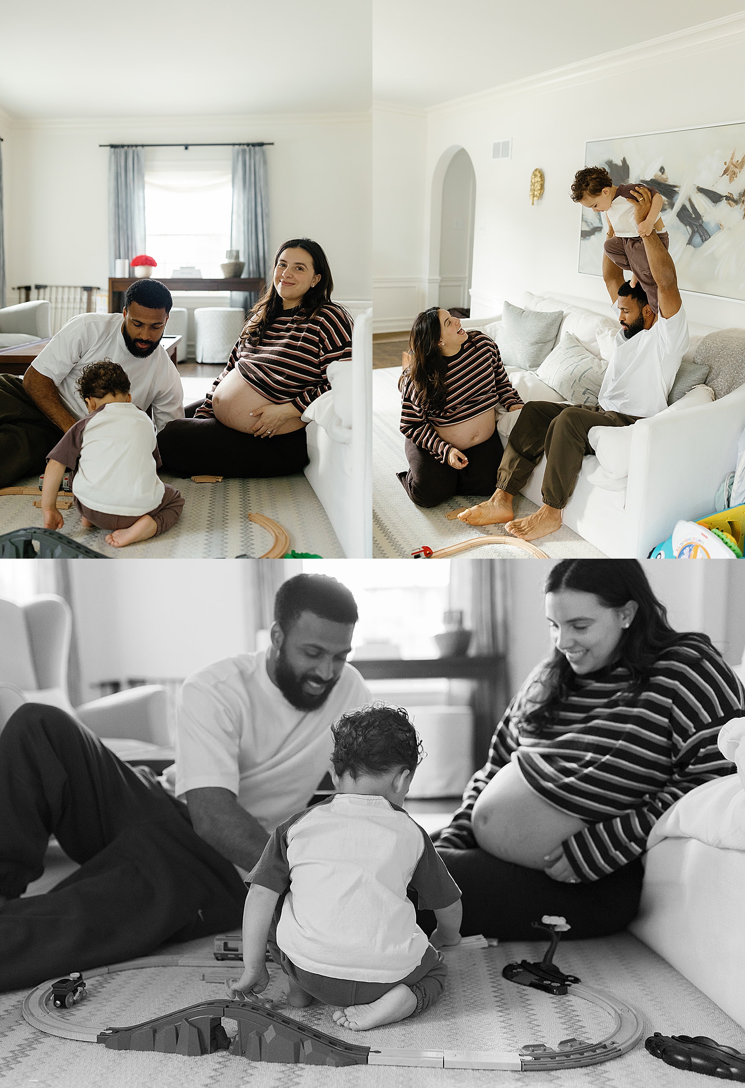mom and dad play trains on floor with their toddler after learning how to style your family session