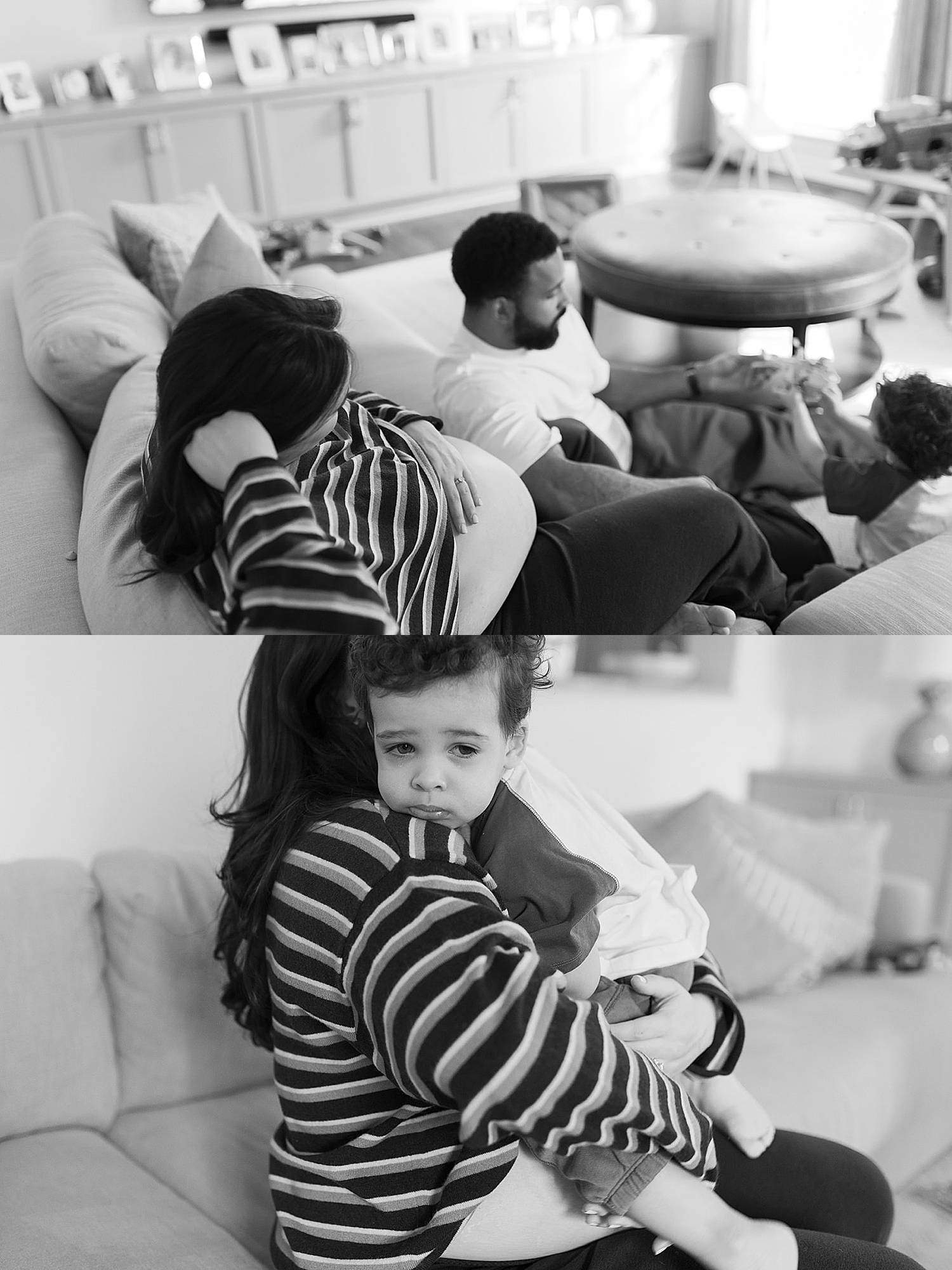 mother in striped shirt sits with her toddler on baby bump by Rachel Andrade Photography