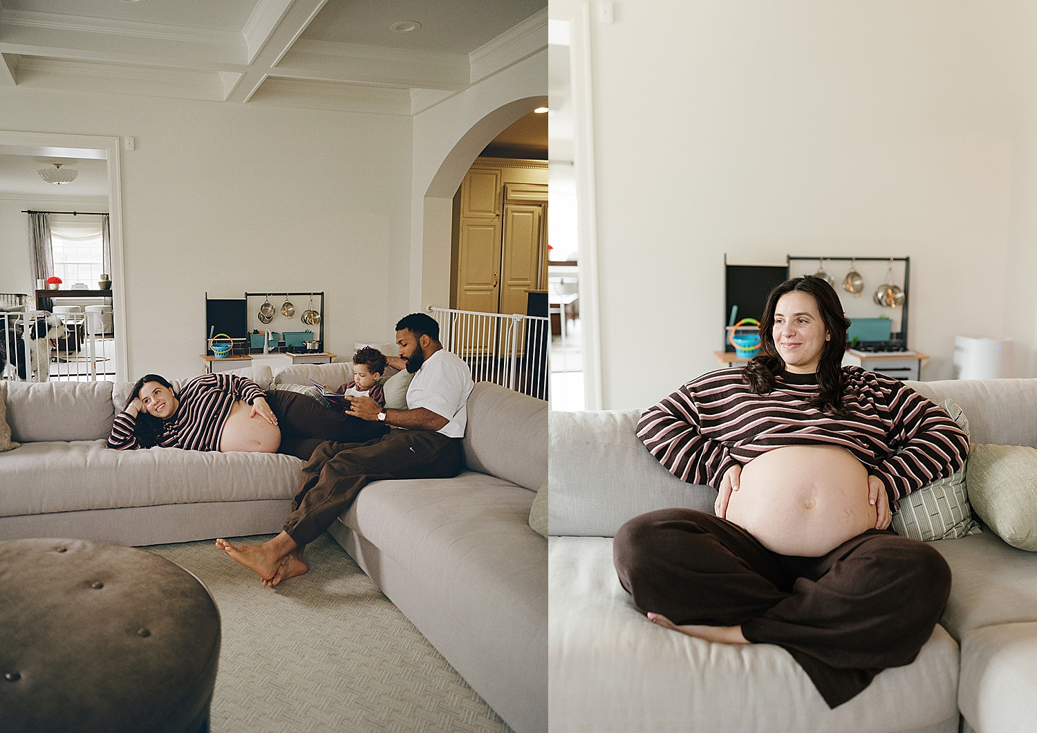 expecting mom sits on the couch in striped shirt after figuring out how to style your family session