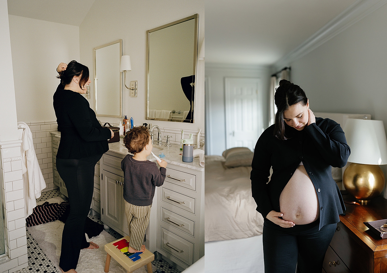 parent helps toddler brush their teeth in bathroom by Chicago film photographer