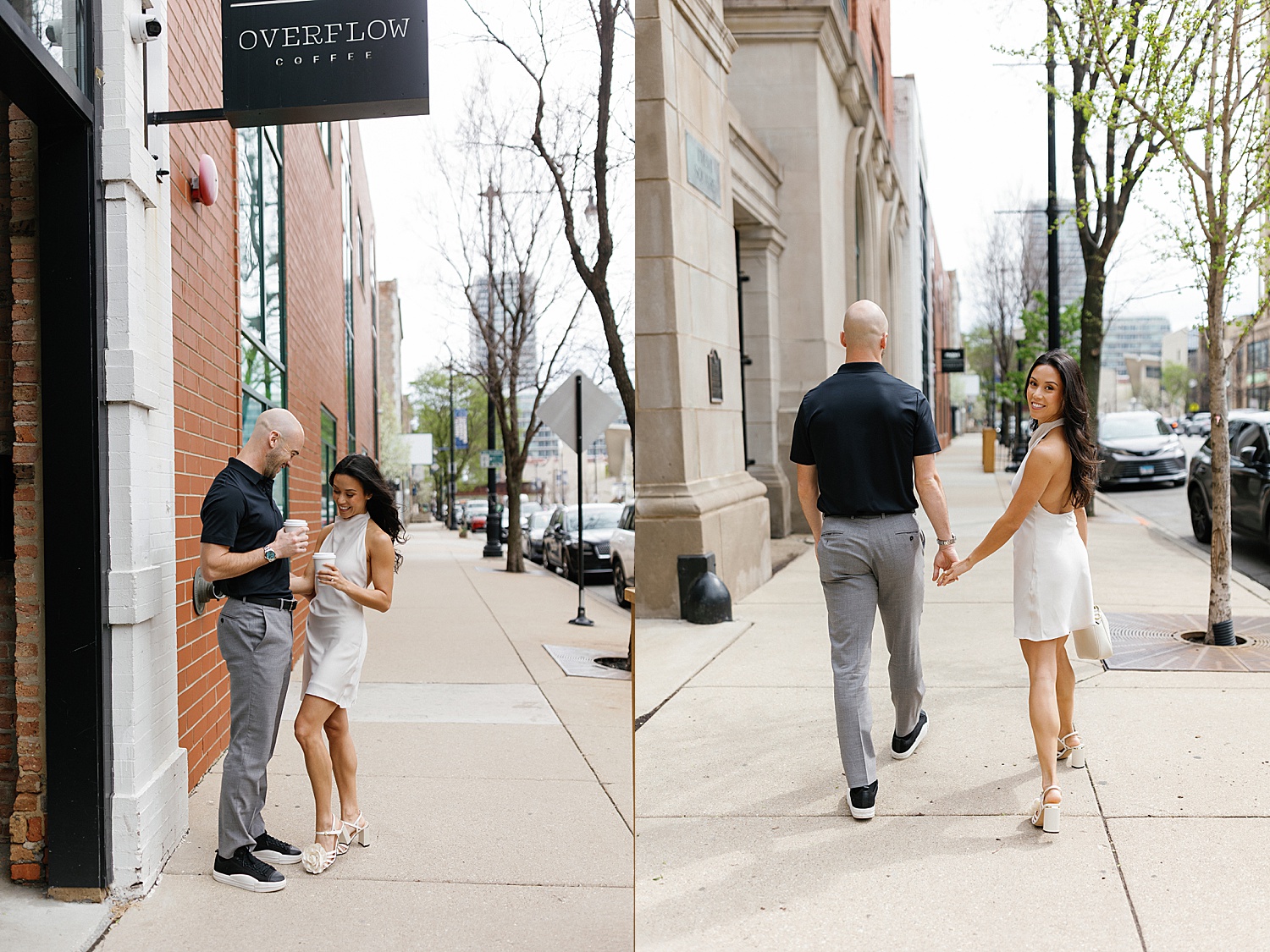 couple walk down the busy city sidewalk by Rachel Andrade Photography