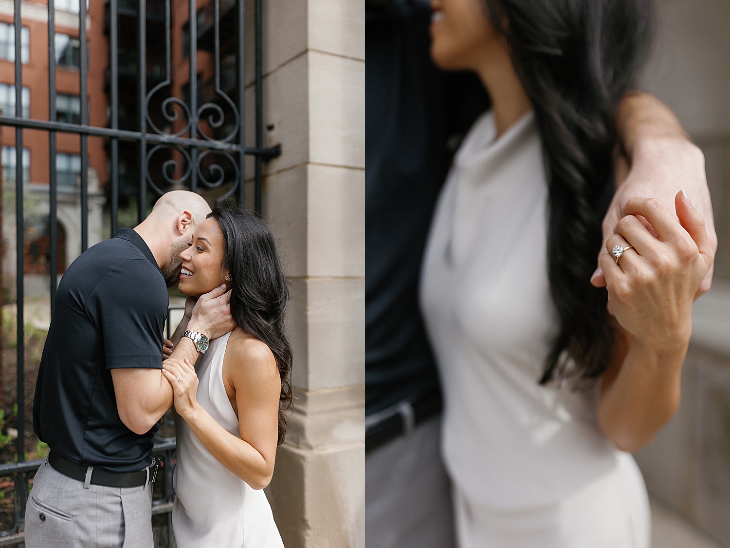 couple lean in for a kiss in front of iron gate by Chicago wedding photographer