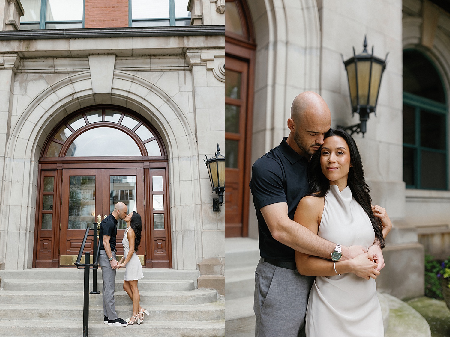 couple share a kiss in front of big arched doors by Chicago wedding photographer