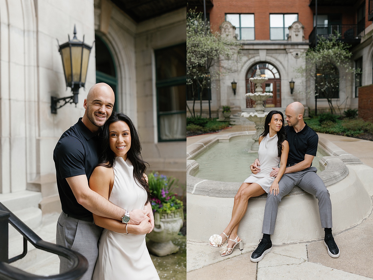 man and woman sit on fountain showing what to wear to your engagement session