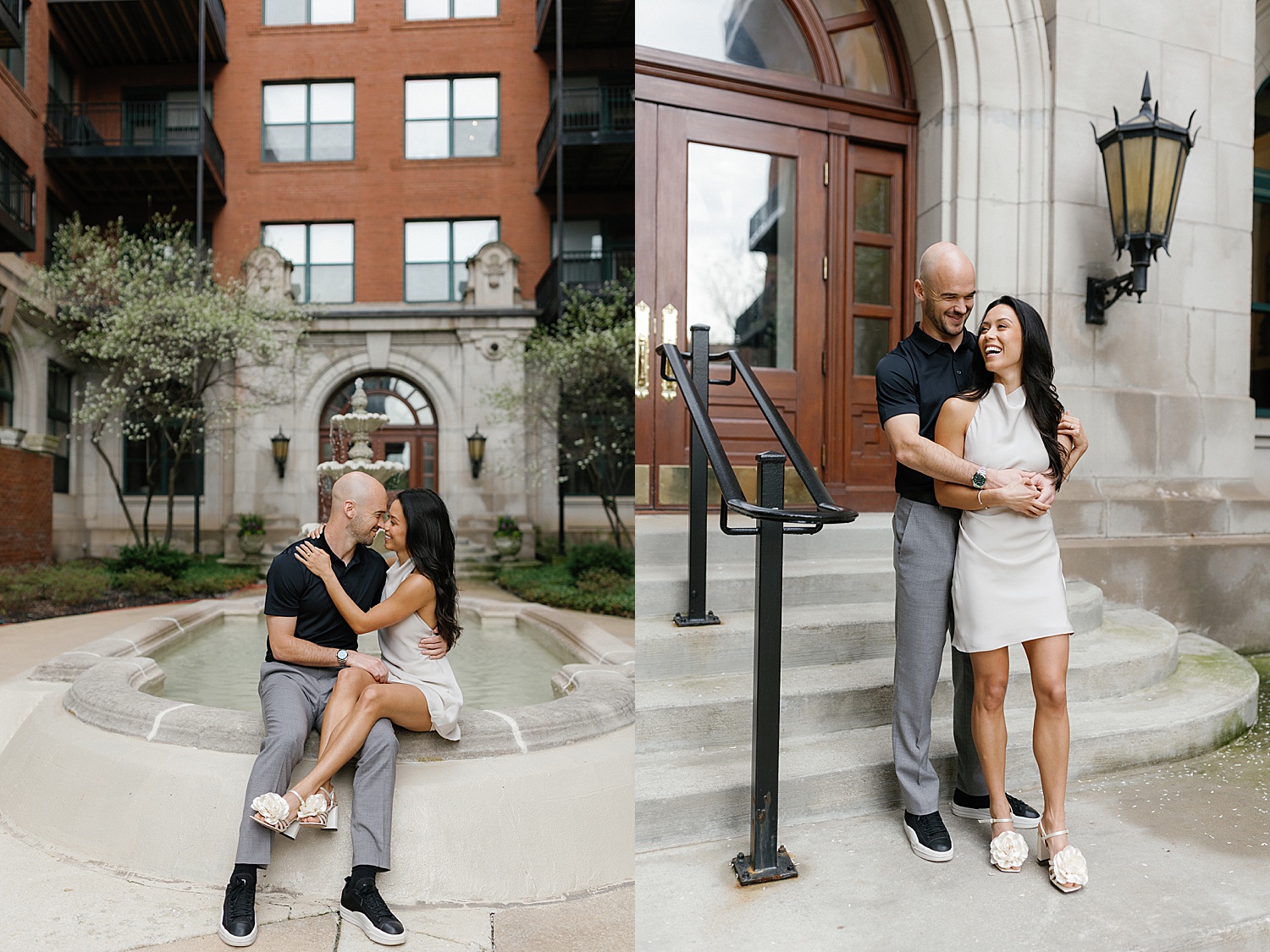 bald man in slacks sits with his fiance on fountain by Rachel Andrade Photography
