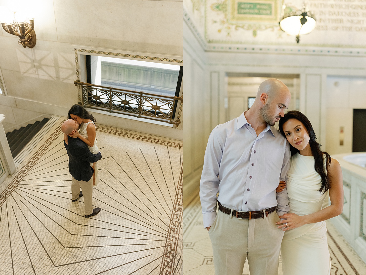 couple walk together in museum after learning what to wear to your engagement session
