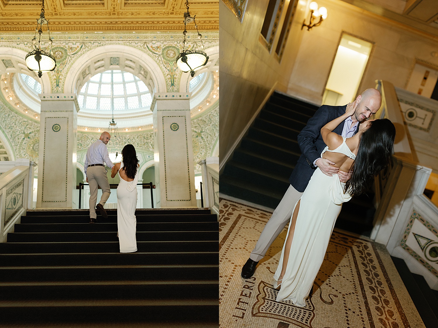 couple in front of velvet stairs in museum by Rachel Andrade Photography