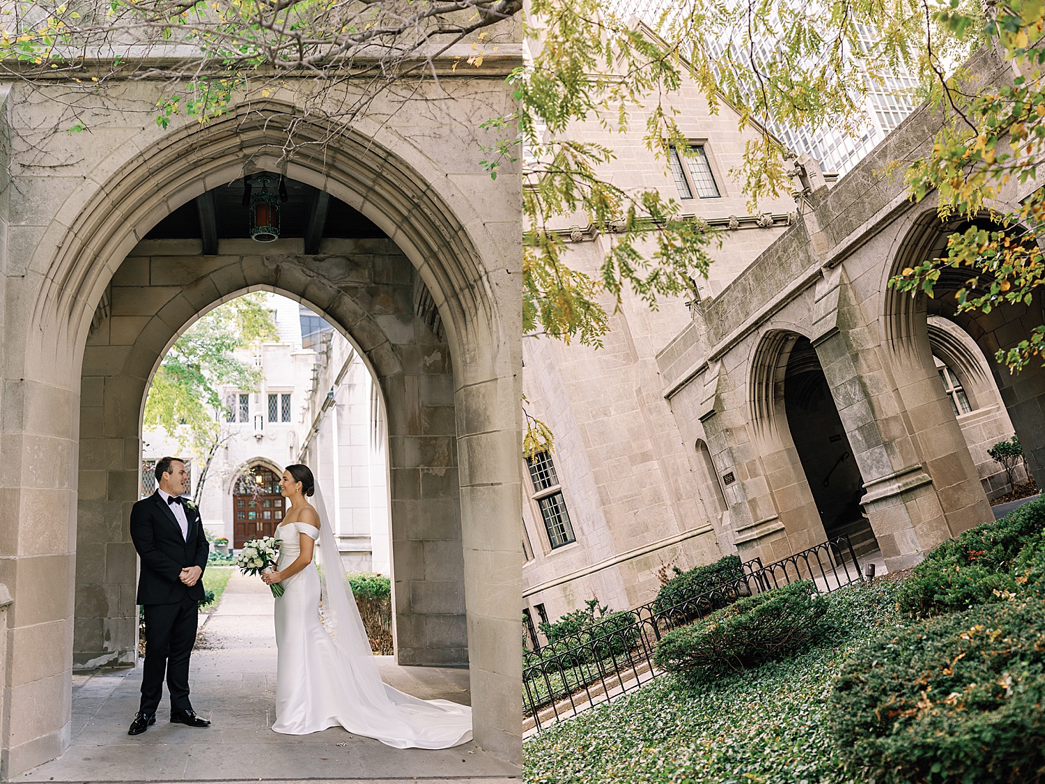 newlyweds stand in archway at old historic building by Chicago wedding photographer 
