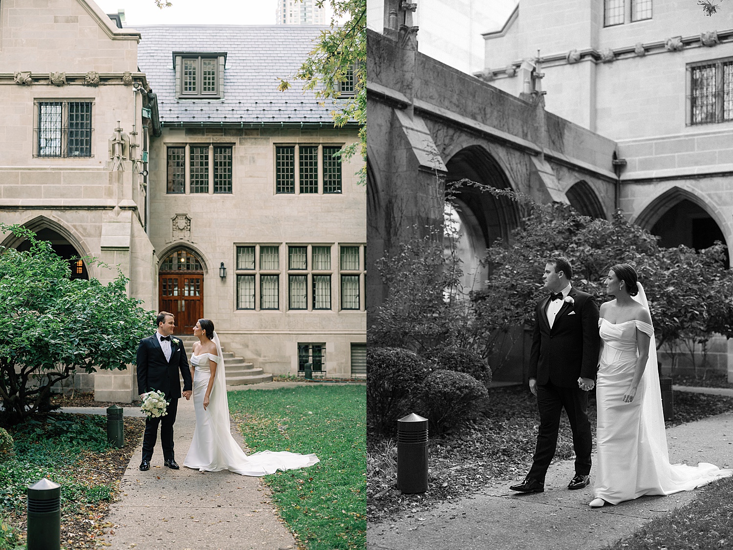 bride and groom stand in the courtyard by Rachel Andrade Photography