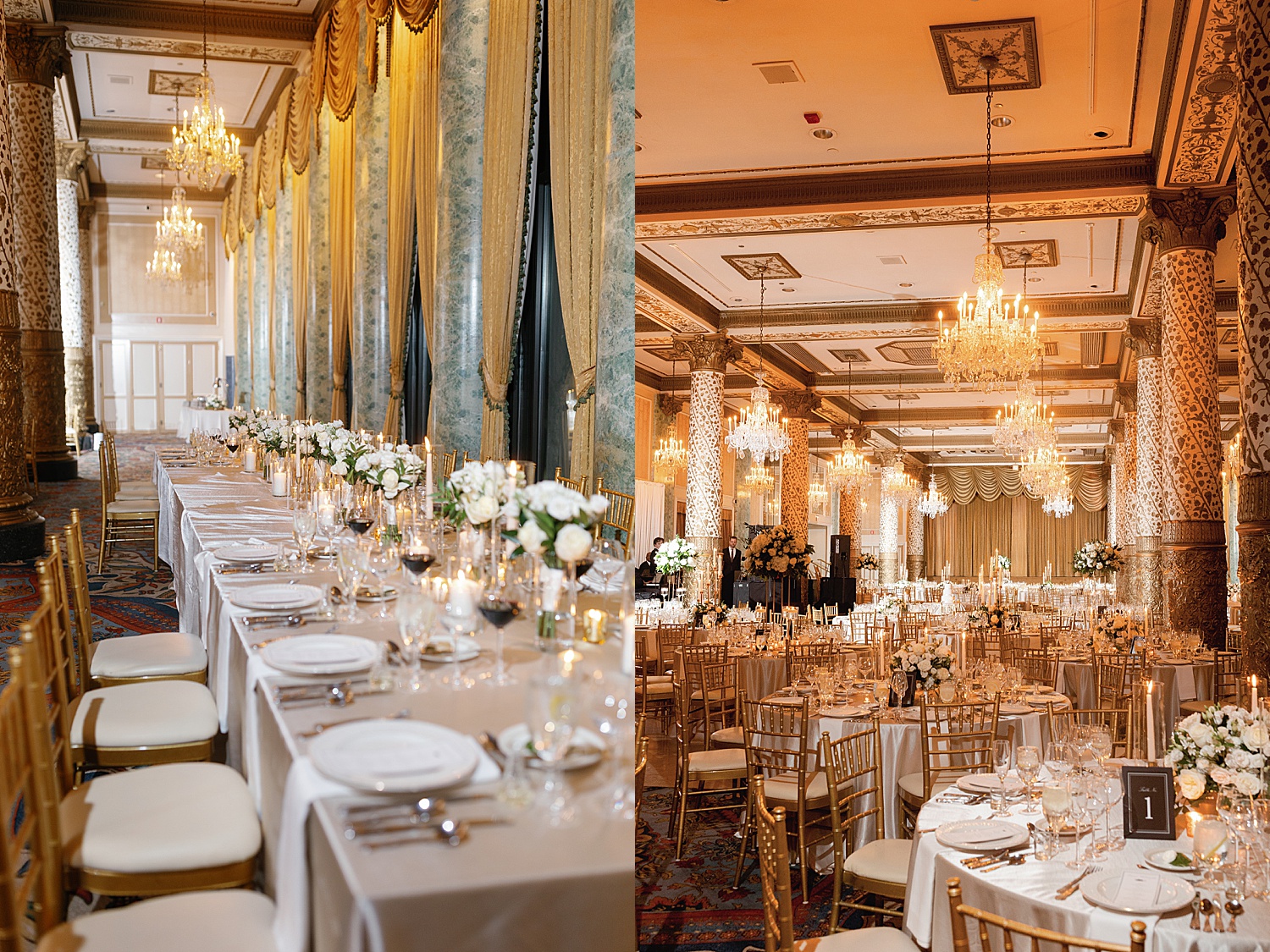 ornate reception set up in the ballroom at The Drake