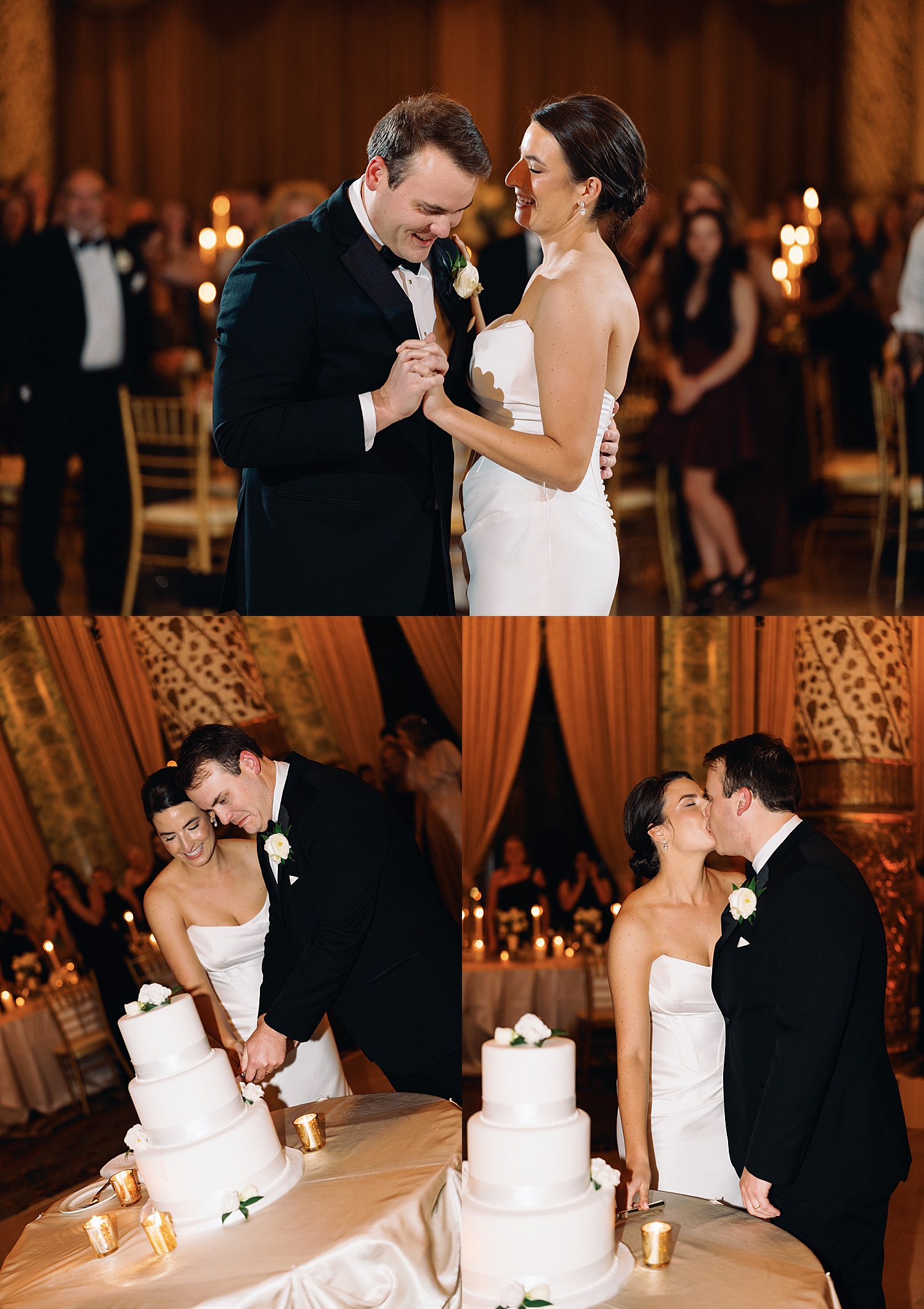 newlyweds cut a white three tier cake at their reception by Rachel Andrade Photography