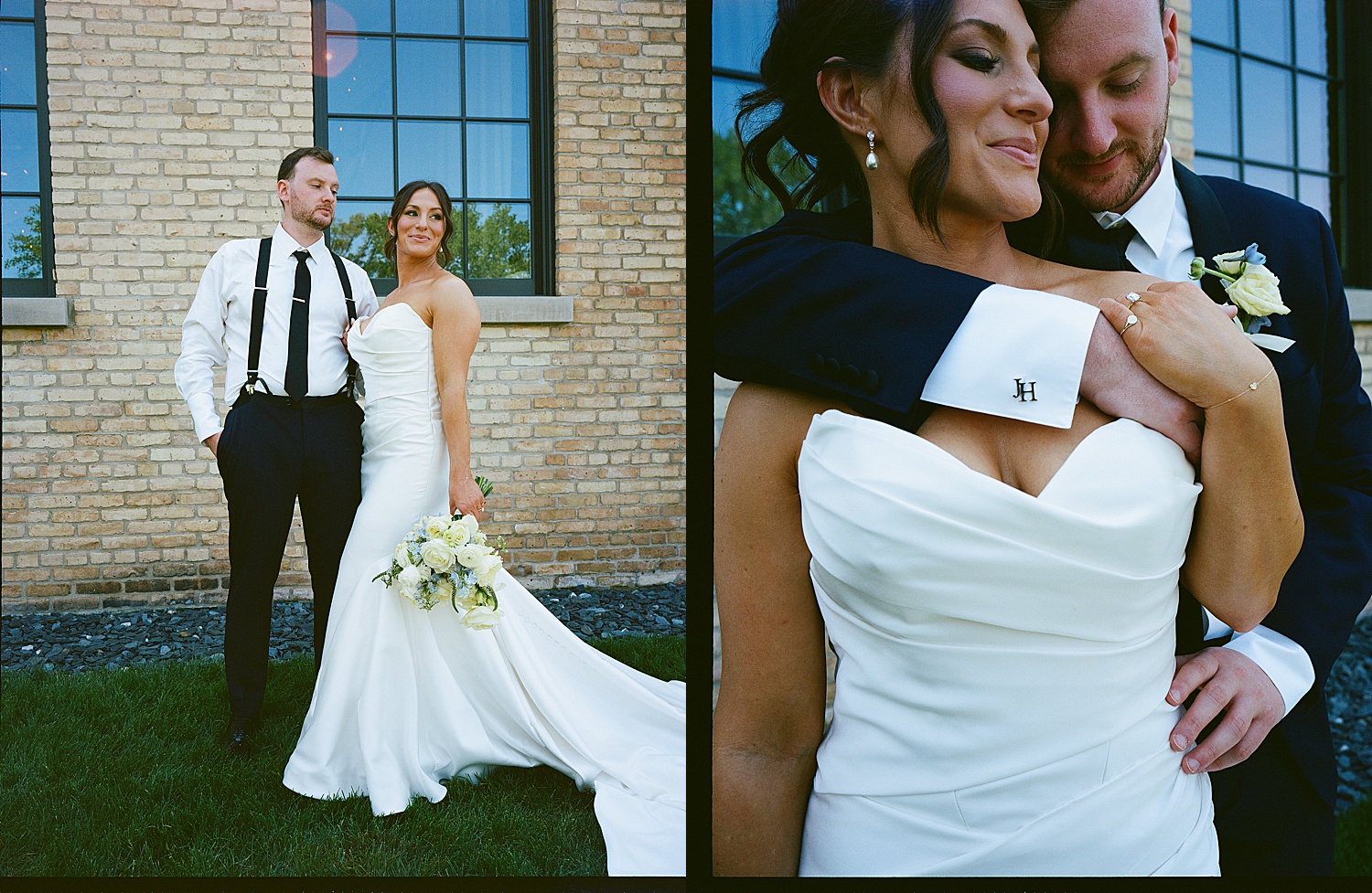 bride and groom embrace on lawn after planning your wedding