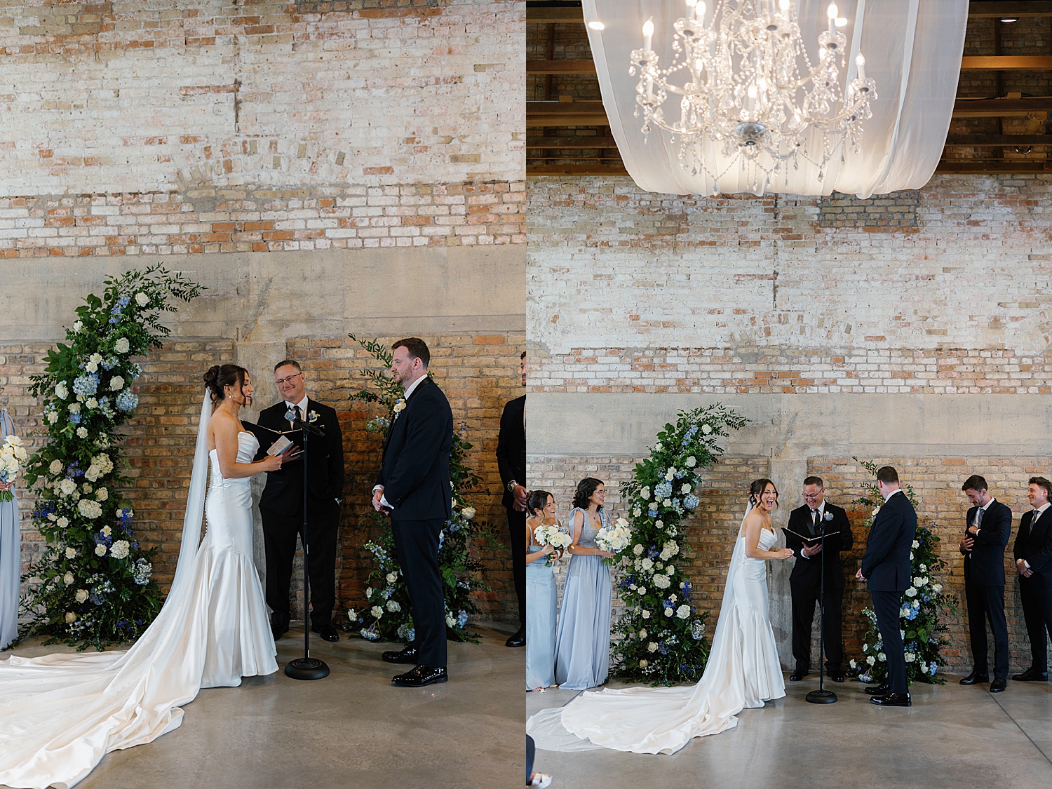 couple stand at floral alter inside by Chicago editorial photographer