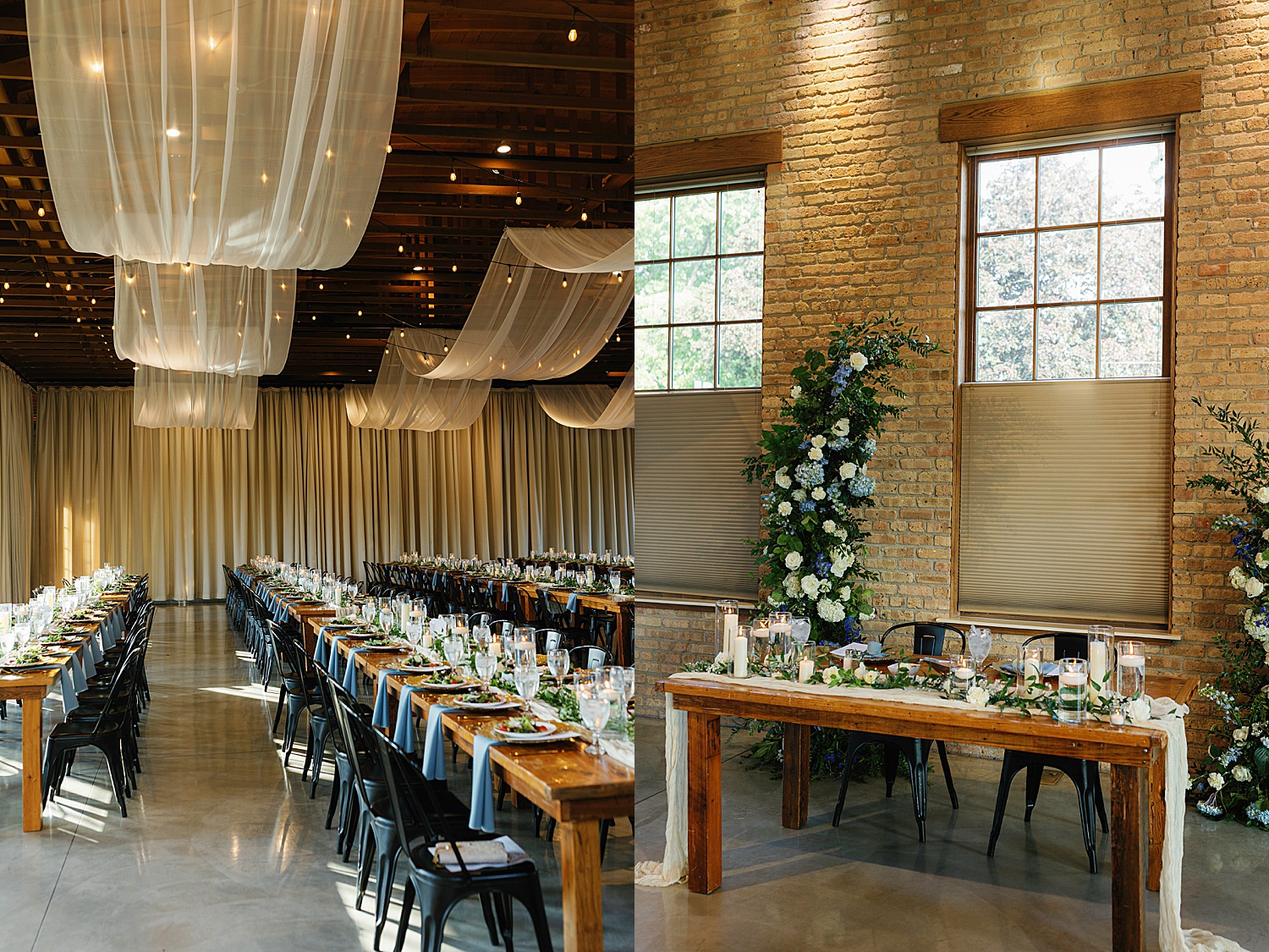 reception space set up in long tables under sheer draping by Chicago editorial photographer