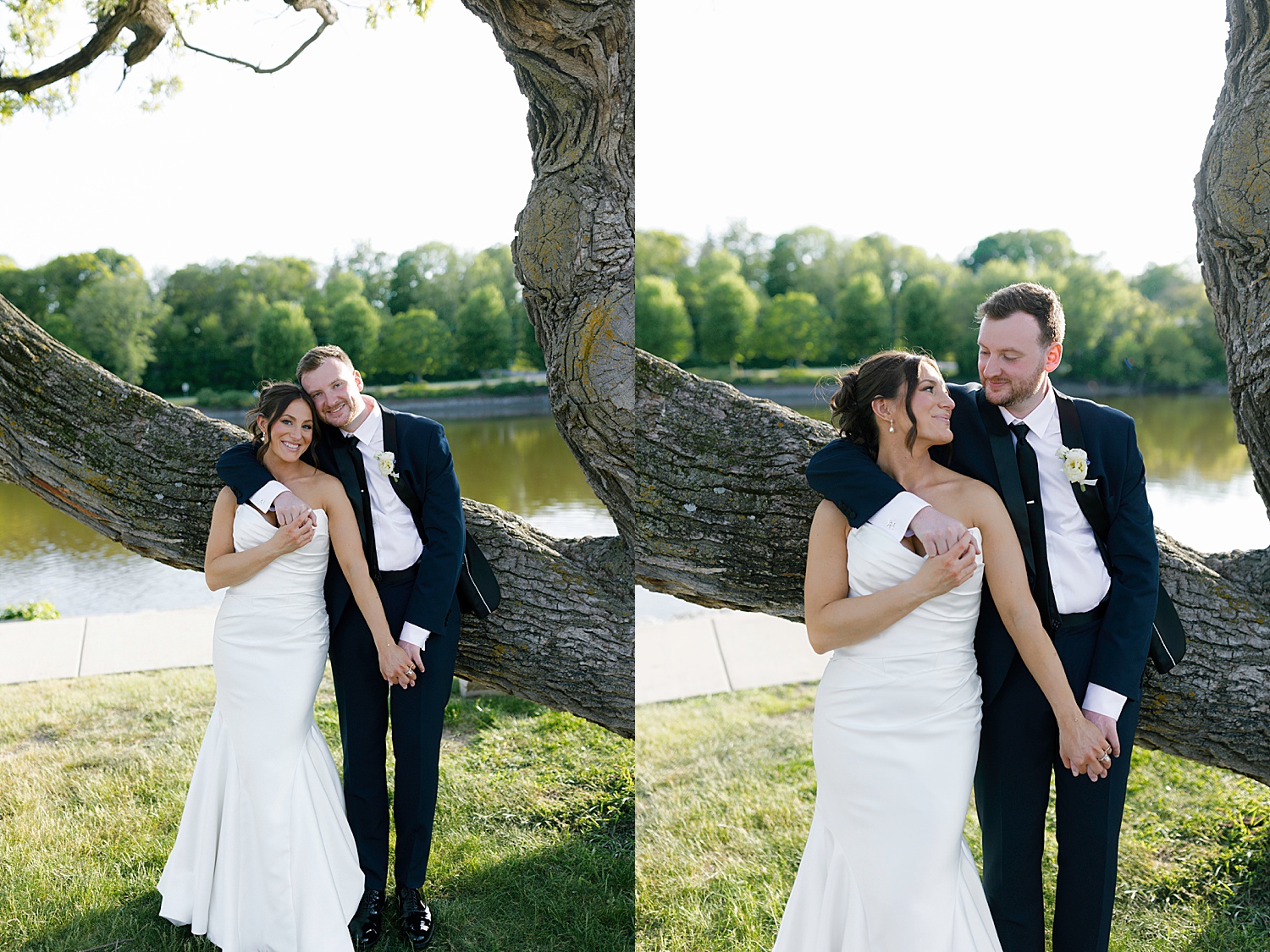 couple snuggle against tree by pond by Chicago editorial photographer
