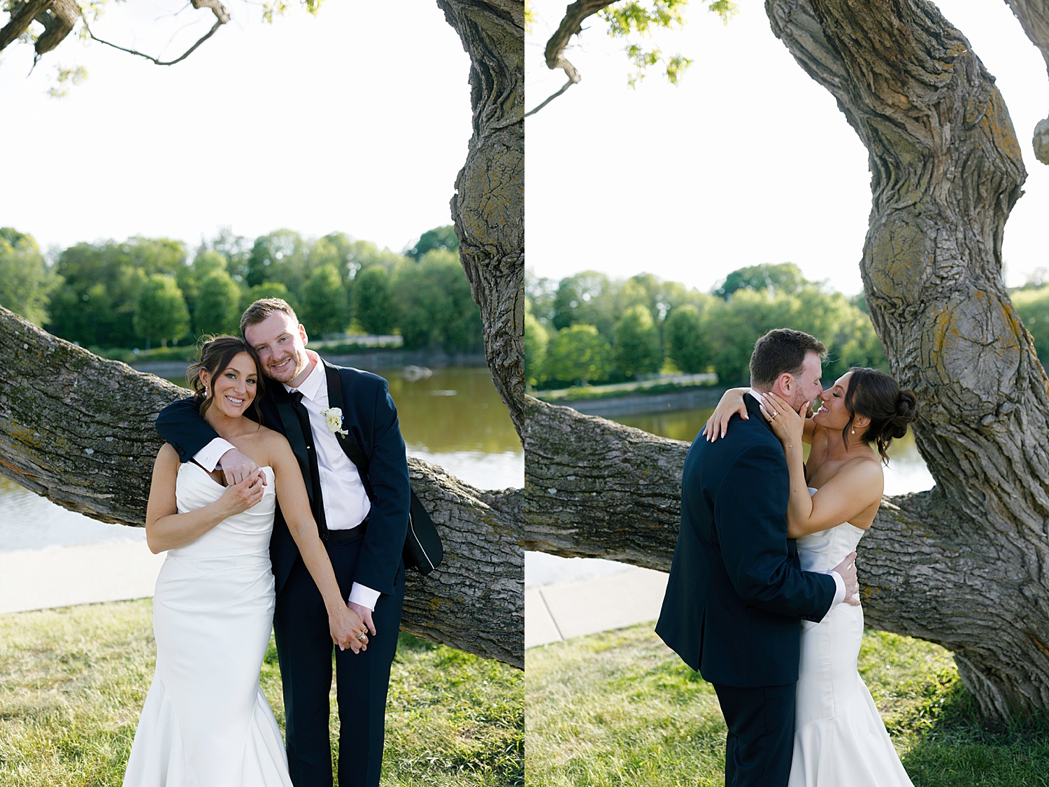 newlyweds kiss by a tree after saying I Do by Rachel Andrade Photography