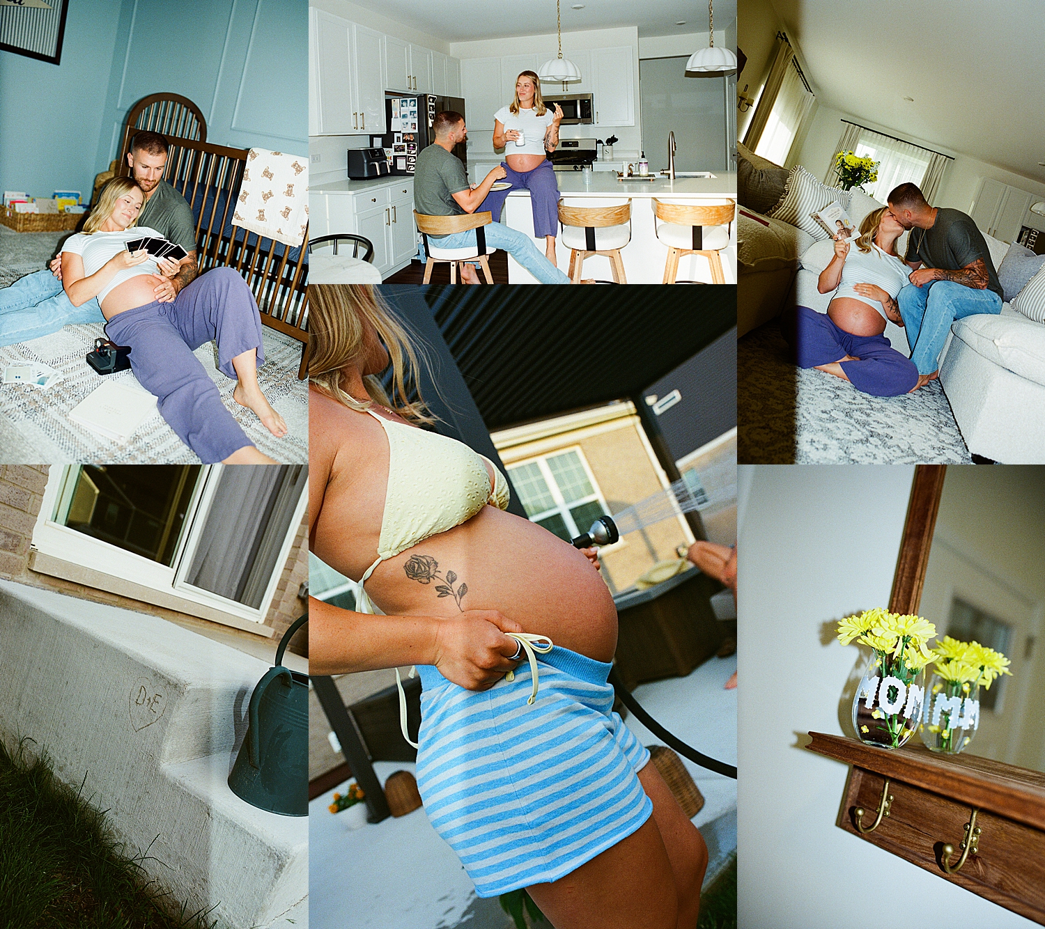 expecting mama sits in her living room with husband for documentary style photography