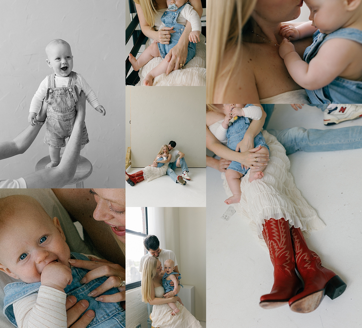 toddler in overalls is held by parents in studio by Rachel Andrade Photography