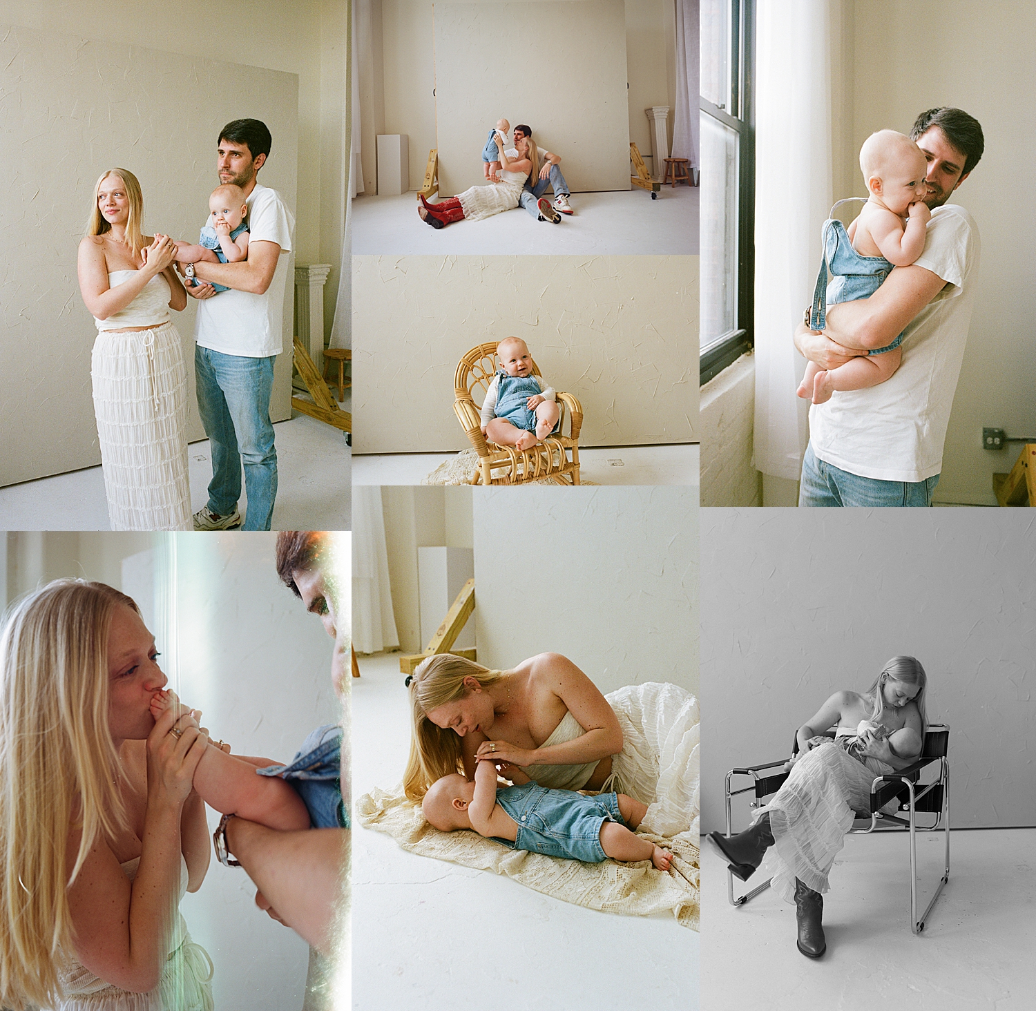 couple sit with their one year old in studio for documentary style photography