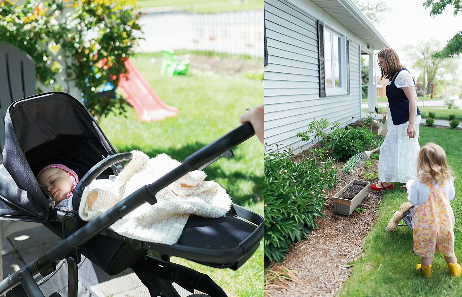mom is outside with her kids on a summer day by Chicago Family Photographer