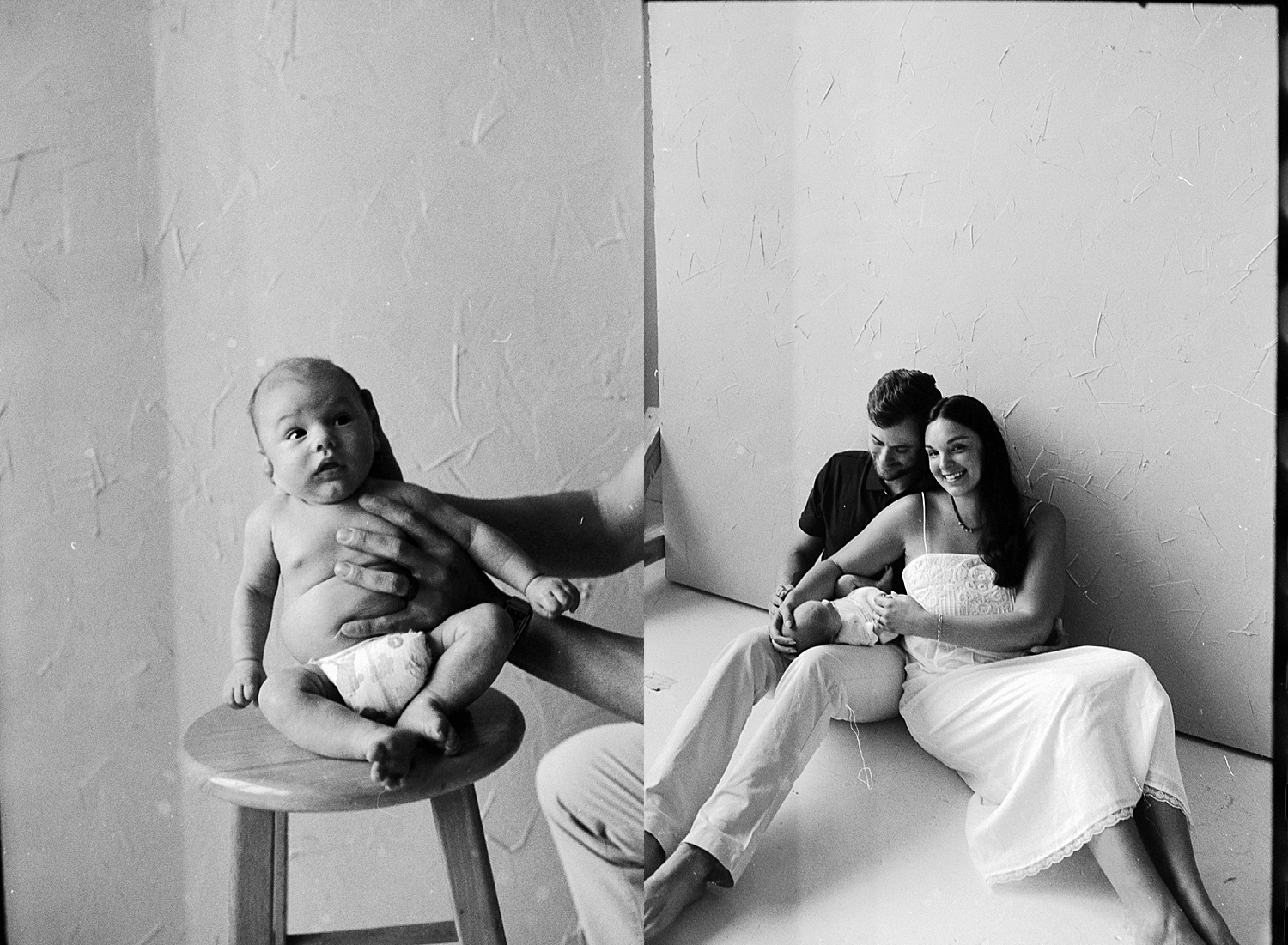 husband and wife sit down on studio floor by Chicago documentary style photographer