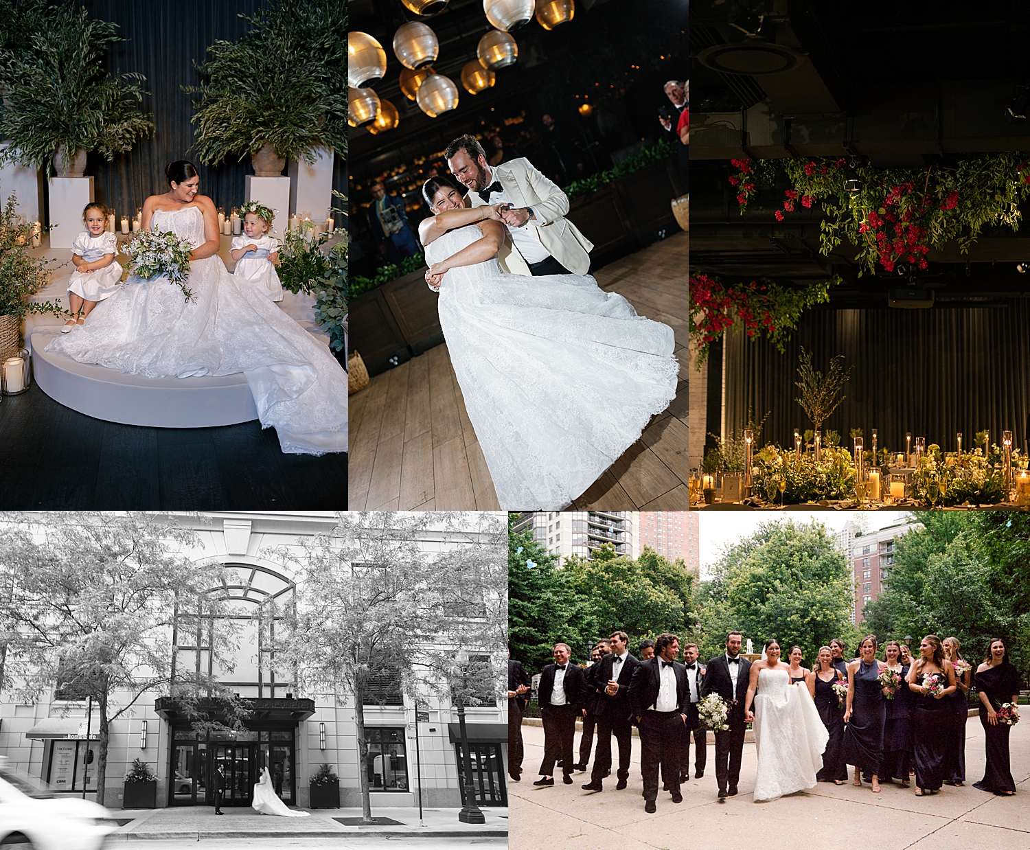 newlyweds dance with guests at nighttime reception by wedding photographer 
